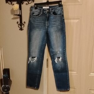 Kancan Medium/Dark Wash High-Rise Straight Jeans w Ripped Knees 7/27